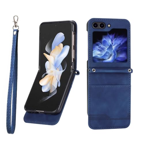 Étui pour Samsung Flip3 5G avec protection de charnière et dragonne portefeuille bleu