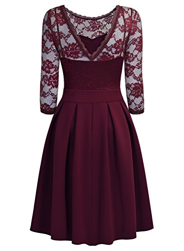 Miusol Women's Vintage Floral Lace 2/3 Sleeve Bridesmaid Party Dress, Wine, Large