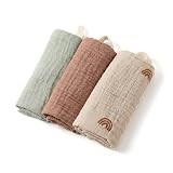 OIXEYA 3 Mussole Neonato Cotone - Quadrotti Cotone Neonato 25x25 cm, Mussola Neonato Morbida per Allattamento, Bagnetto e Viso, Set 3 Pezzi Asciugamano Neonato Multiuso, Design Arcobaleno