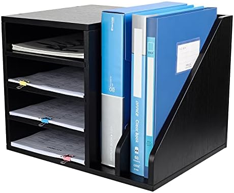 EasyPAG Wood Desktop 4 Tier in Tray A4 File Holder Magazine Organiser Paper Storage Office Desk Tidy Filing Rack,Black,390x309x300mm
