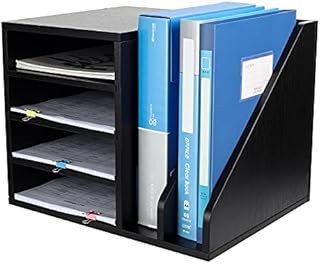 EasyPAG Wood Desktop 4 Tier in Tray A4 File Holder Magazine Organiser Paper Storage Office Desk Tidy Filing Rack,Black,390x309x300mm