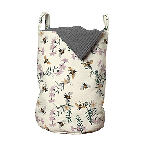 Image of Ambesonne Floral Laundry Bag, Vintage Craftwork Look Honey Bee Flowers Petals Print, Hamper Basket with Handles Drawstring Closure for Laundromats, 13" x 19", Ivory Lilac