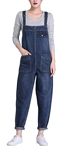 Yimoon Women's Plus Size Loose Casual Cotton Adjustable Strap Denim Overalls with Pockets (Blue, XX-Large)