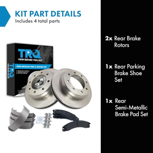 Image of TRQ Rear Brake Pad & Rotor Kit Parking Brake Shoe Set Semi-Metallic Compatible with 2008-2014 Ford E-150 E-250 2008-2021 E-350 Super Duty