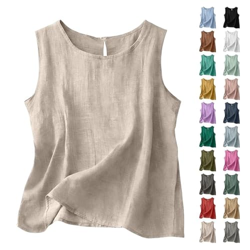 Débardeur Femme Coton Lin Col Rond sans Manches Top Été Chic Basique Uni Fluide Haut Femme Ete Confortable Vêtement Quotidien Chemisier Plage Tunique...
