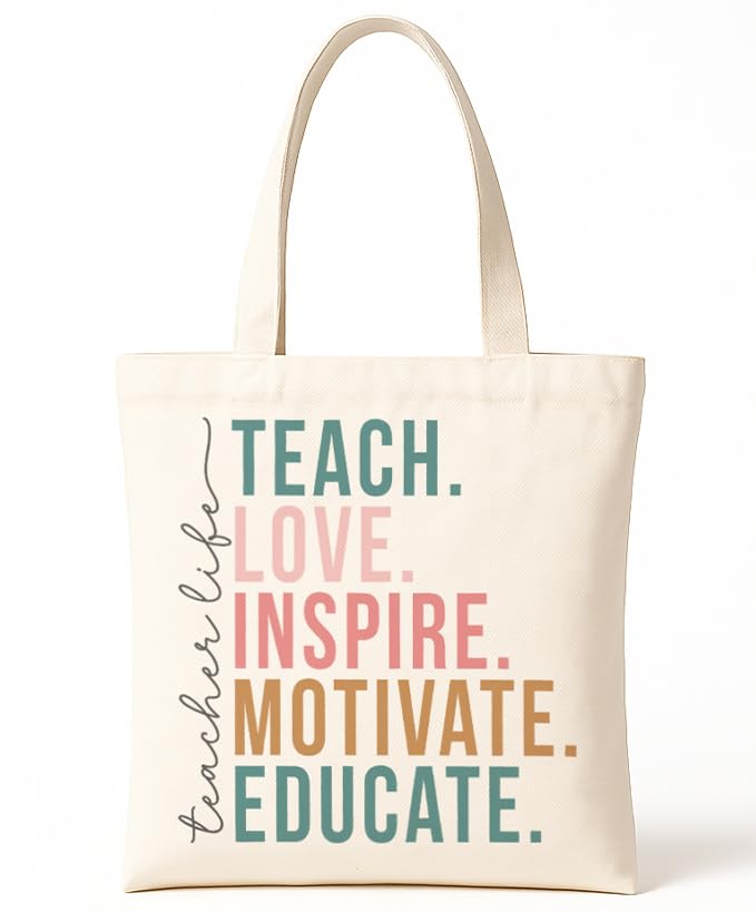 OBUJOPAL Teacher Canvas Tote Bag, Appreciation Gifts Reusable Grocery Bag for Teacher Friends Gym College, Thank You Gift