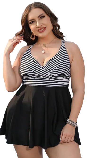 Plus Size Two Pieces Striped Print Patchwork Tummy Control Swimwear-picture-35