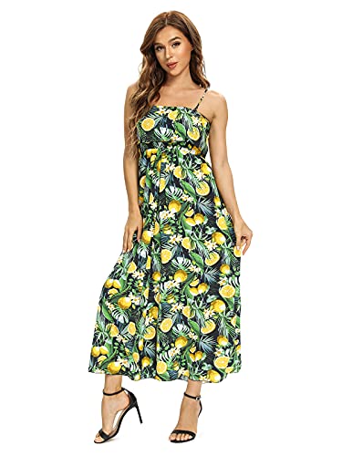 Women's Summer Hawaiian Floral Long Maxi Dress With Strap Casual Bohemian Beach Party Lemon Black Tag M #TOP2
