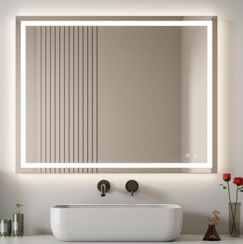 Espejo LED de 40 x 32 pulgadas con luz de 3 colores, rectangular, regulable y antivaho y marco de aluminio, espejo decorativo sin cobre para baño,