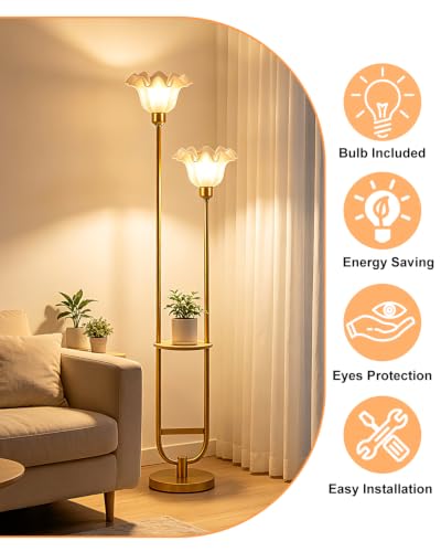 Image of Flower Floor Lamps with Table, 2-Lights Dimmable Floral Floor Lamp, 3000K Warmwhite Modern Floor Lamp, Vintage Gold Standing Lamp with 5Lbs Heavy Base for Living Room Bedroom Girls Room