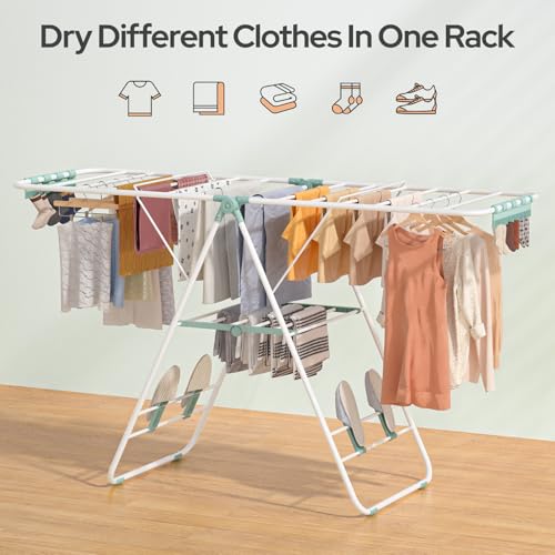 SereneSpc Foldable Clothes Drying Rack, 3 Grades Height-Adjustable Clothes Airer, Winged Clothes Horse Indoor,Stainless Steel Drying Rack Laundry Outdoor, L144 x W50 x H94cm, Green - Image 4