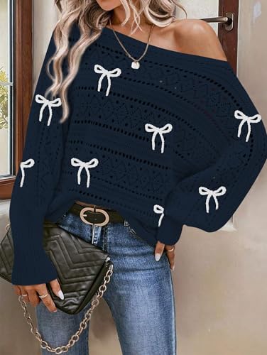 Image of Cakulo Womens Off Shoulder Sweater Top Fall Outfits Fashion 2025 Oversized Knit Batwing Long Sleeve Crochet Pullover Sweaters