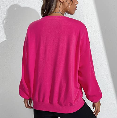 Missactiver Women’s Letter Graphic Print Sweatshirt Loose Long Sleeve Round Neck Drop Shoulder Fleece Casual Pullover Hot Pink #TOP3
