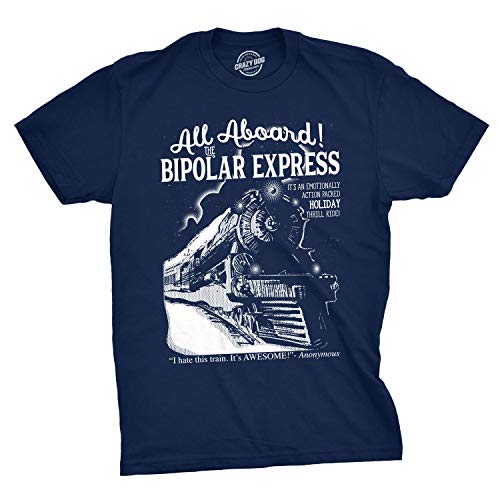Mens All Aboard The Bipolar Express T Shirt Funny Family Holiday Tee Funny T Shirts Cool Sarcastic Short Sleeve Novelty Tees for Guys Navy L