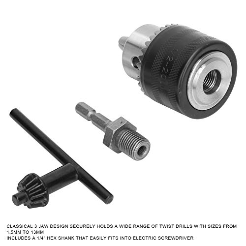 FAUOSWUK Bohrer Chuck, 1,5-13 Mm Klemmbereich mit 1/4 Hex Shank-Adapter, Kiefer-3-Jaw-Design für Electric Power Drill-Umwandlung