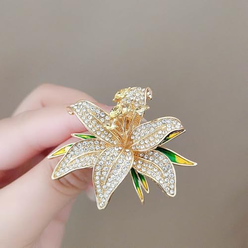 Image of Lily Flower Wedding Statement Brooch Art CZ Lapel Pin Austrian Crystal Leaf Bouquet Clusters Brooches Elegant Dress Suit Sweater Accessories for Women Ladies Party Prom Xmas Jewelry Gift