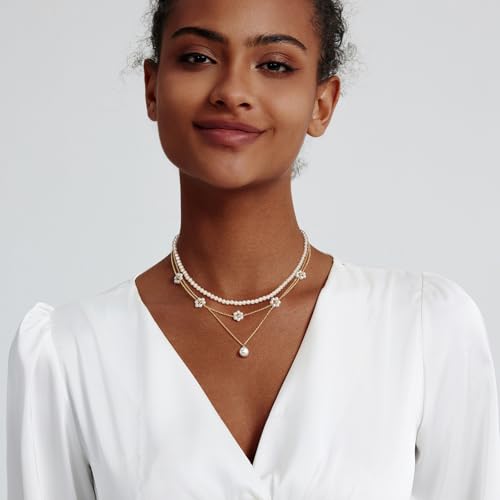 Pearl Necklaces for Women 14K Gold Plated Dainty Layered Single Pearl Necklace Simple Daisy Pearls Choker Cute Gold Necklace Stack Jewelry Sets for Women Trendy Gifts2