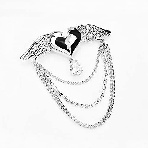 Image of Beating Heart with Angel Wings Brooch Lapel Pin Tassel Collar Pin Crystal Love Heart Brooch Badge
