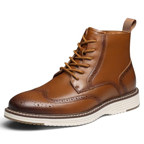 Mens Dress Boots, Genuine Leather Brogue Wingtip Mens Casual Oxford Boots with Side Zipper, Comfortable Formal Lace Up Chukka Ankle Boot for Men