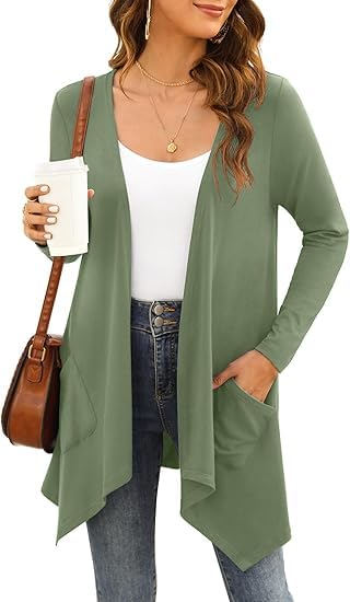 Yommay Damen Sommer Kurzarm-Lang Strickjacken für Damen Elegante lässige leichte Strickjacke mit Tasche High Low Saum