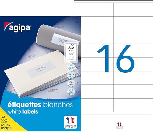 Apli Agipa 119005 - 1600 Etiquettes adhésives A4 MU - 105 x 35 mm - Impression : laser, copieur, jet d'encre - Blanc