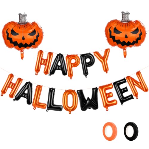 Image of Happy Halloween Balloons, Halloween Decorations Balloons, 14 PCS 16 inch Orange and Black Happy Halloween Letter Balloon with 2 PCS 24 inch Pumpkin Shaped Foil Balloon for Halloween Party Decorations Supplies
