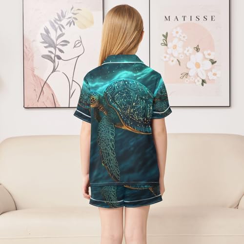 ALAZA Green Sea Turtle Golden Satin Pajamas Set Short Sleeve Button Down Sleepwear Summer Pjs 2 Piece4