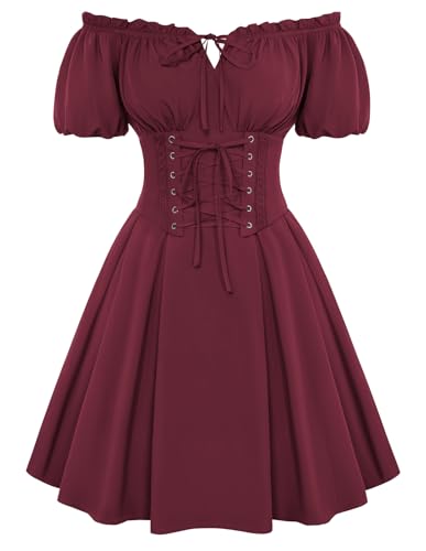 Scarlet Darkness Renaissance Costume Women Corset Dress Midi Off Shoulder Fairy Dresses Wine Red M