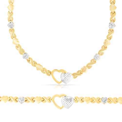 Floreo 925 Sterling Silver Stampato XOXO Hugs and Kisses with Open Heart Pendant Bracelet and Necklace Set, Two Tone