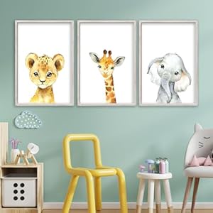Baby Safari Nursery Wall Art Decor 11×16 Inch Set of 3 Wood Framed Cute Animal Giraffe Elephant Lion Prints Sign Kids Boys Girls Room Bedroom Jungle Animal Pictures Wall Hanging (White)