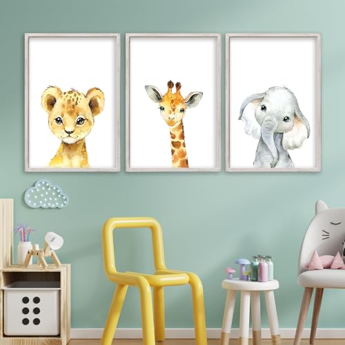 Baby Safari Nursery Wall Art Decor 11×16 Inch Set of 3 Wood Framed Cute Animal Giraffe Elephant Lion Prints Sign Kids Boys Girls Room Bedroom Jungle Animal Pictures Wall Hanging (White)