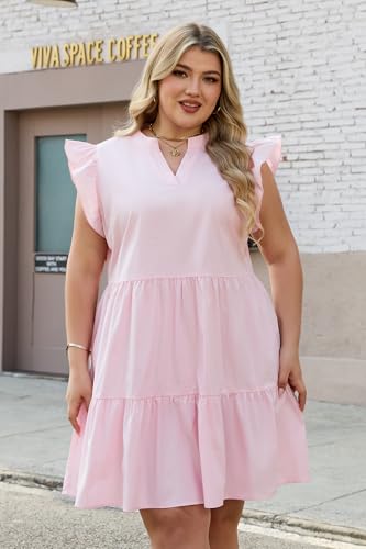 Hount Ruffle Sleeve Dresses for Women 2026 Casual Summer Sun Dresses V Neck Mini Dress Plus Size Pink 3X-Large — view 2