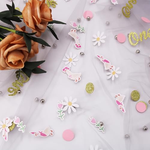 Image of 220PCS One Silly Goose Birthday Decor for Girl, Goose Dot Leaves Flower 1st Birthday Confetti for Pink and Gold First Bday Decorations.