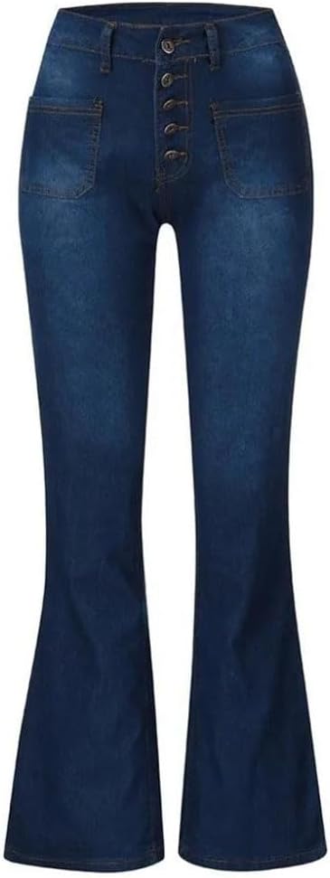 Women's Button Fly Jeans with Patch Pockets Washed Denim Pants Casual Comfortable Trousers