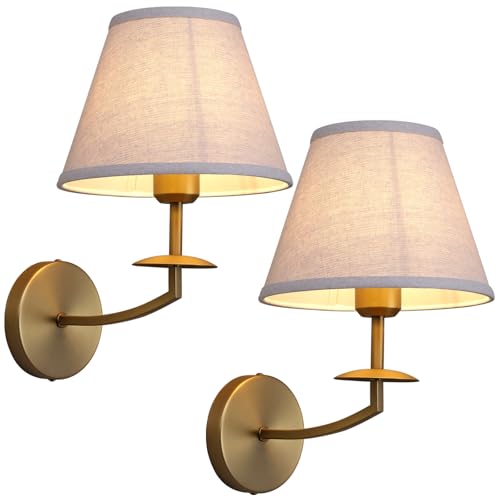 Image of Phansthy Hardwired Wall Sconce Light Set of 2, Linen Fabric Shade Indoor Wall Lamps, Wall Decor Lightings Set of Two for Living Room, Bedroom, Hallway, Vanity Mirror (Antique Gold 2 Pack)
