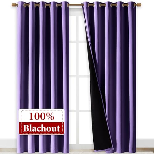 Image of NICETOWN Total Shade Curtains and Draperies, Heavy-Duty Full Light Shading Drapes with Black Liner Backing for Villa /Hall /Dorm Window(Lilac Purple, Package of 2, 70 inches Wide x 95 inches Long)