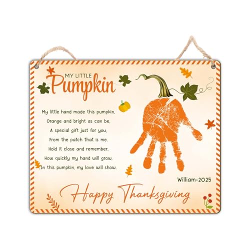 Image of DIY Personalized My Little Pumpkin Poem Handprint Art Sign Crafts, Pumpkin Kids Craft, Happy Thanksgiving Fall Autumn Art Project Memory Keepsake Infant Babies Toddler Preschool PreK Handprints Plaque