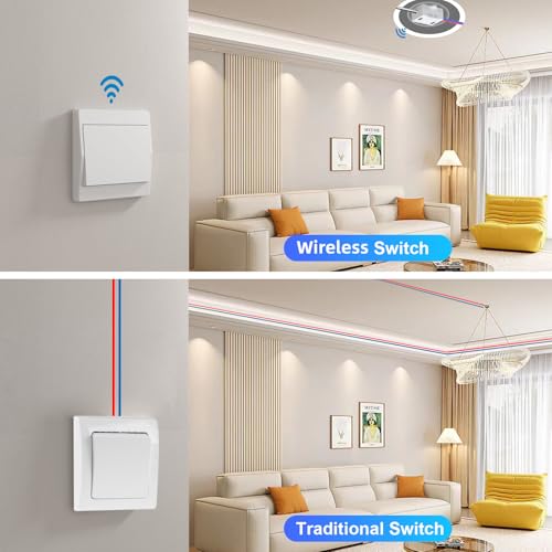 Thinkbee Funkschalter 230V ohne Batterie – Selbstversorgender Funk-Lichtschalter mit Fernbedienung, Drahtloser Licht Schalter Wasserdichter Wandschalter, Reichweite bis 200 m (Nicht dimmbar)