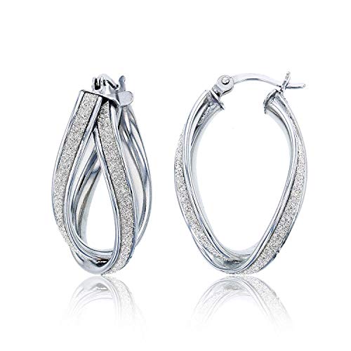 DECADENCE Sterling Silver Rhodium White Glitter 2 Row Overlapped Hoop Earrings for Women |Oval U-Shape Hoop Earrings | Secure Snap Bar Closure | 14k Shiny Sparkle Glimmer Sand Classic Earrings