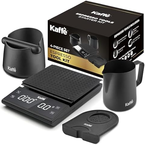 Kaffe Premium Espresso Accessories, 4 in 1 Bundle, Knock box, Digital Weighing scale, Tamper Mat, Milk Pitcher. The Perfect Coffee Gift! Cover