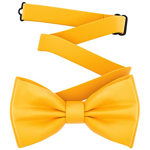 Adam Young Boy's Bright Yellow Bow Tie Pre-Tied Style Formal Satin Classic Bowtie for Tuxedo Faux Silk (Medium, Merigold Yellow)