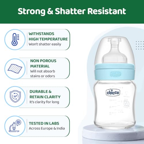 Image of Chicco Wellbeing Glass Feeding Bottles 120ml (Blue) I Premium Borosilicate I Proven Anti-Colic System I 100% Silicone I Food Grade I BPA Free I New Born I Slow Flow | 0+ Months