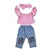 3pc Kids Baby Girls Off Shoulder Pullover Short Sleeve Solid Tops Denim Pocket Pants Bowknot Headband Outfit (2-3 T, Pink)