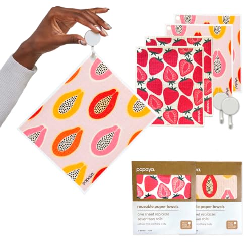 Papaya Reusable Paper Towels, Premium Swedish Dishcloths with Hook, Non-Scratch Reusable Paper Towel, 1 Sheet Replaces 17 Rolls - 4 Sheets, 2 Hooks