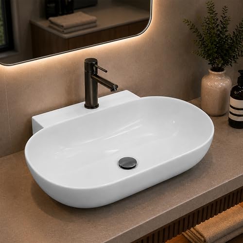 Image of WASSMIST Wash Basin | Table Top WashBasin for Bathroom with 10 Year Glaze Warranty | Premium Ceramic Basin with Thin Rim (22.5 X 15.5 X 5.31 inch)