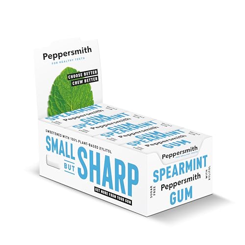 Peppersmith - Spearmint Chewing Gum - Xylitol Gum - Sugar Free Gum - 100% Plant Based Xylitol - Breath Freshener - Benefits Oral Health - Pocket Pack - 12x15g