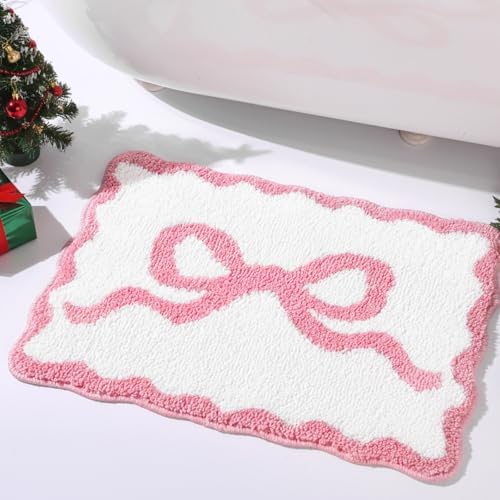 Tinideya Pink Bow Bathroom Rug 16" x 24" Scalloped Bow Bath Mat N...