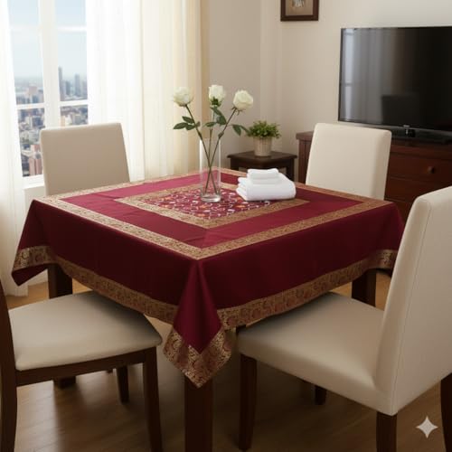 Image of New Year Room Decor Embroidery Brocade Silk Table Cover for Centre & Dinning Table and 4 & 6 Seater Dining Table /Tablecloth, (50 By 50 Inches) (Maroon)