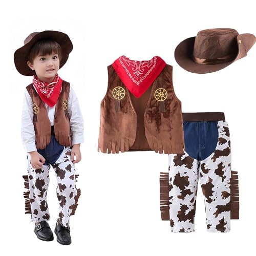 Cowboy Kostüm Kinder Jungen Karneval Kostüm 4 Stück Cowboyhut mit Weste Hose und Bandana Faschingskostüme Kinder Western Cowboy Cosplay Set für Rollenspiele Fasching Halloween Mottoparty Verkleidung
