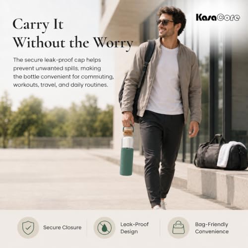 Image of Borosilicate Glass Water Bottle 500 ml | Leakproof Bamboo Lid & Silicone Sleeve | BPA Free Reusable Drinking Bottle for Office, Gym, Travel & Daily Use (Green)